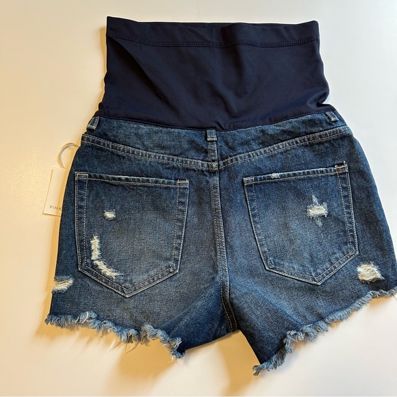 Pinkblush Dark Wash Distressed Raw Hem Maternity Full Panel Shorts - Picture 6 of 8